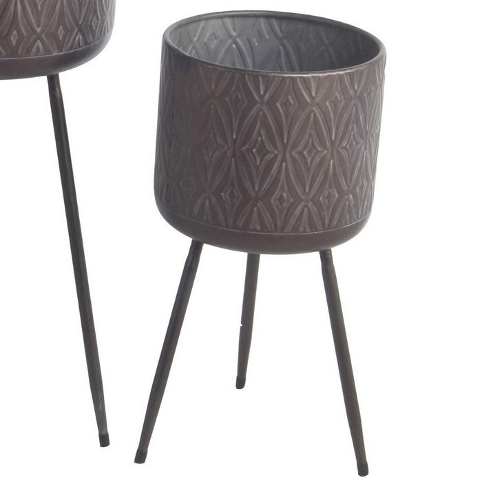 Metal Planter with Tripod Base and Geometric Pattern, Set of 3, Dark Brown