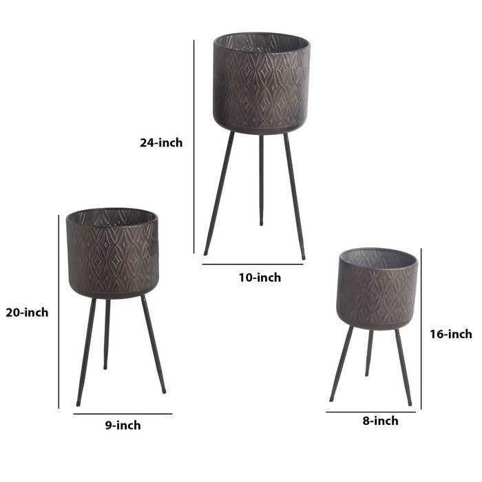 Metal Planter with Tripod Base and Geometric Pattern, Set of 3, Dark Brown