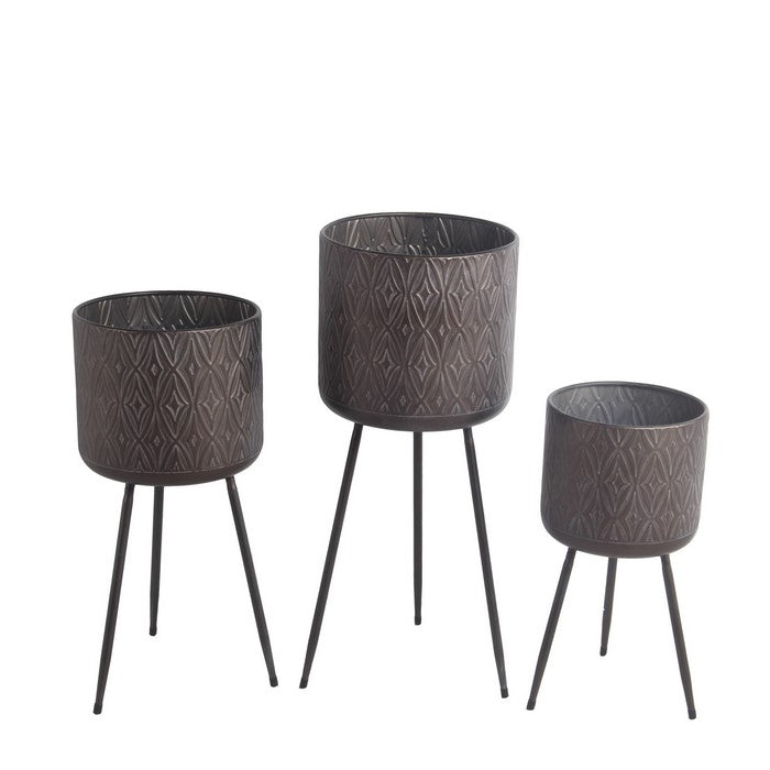 Metal Planter with Tripod Base and Geometric Pattern, Set of 3, Dark Brown