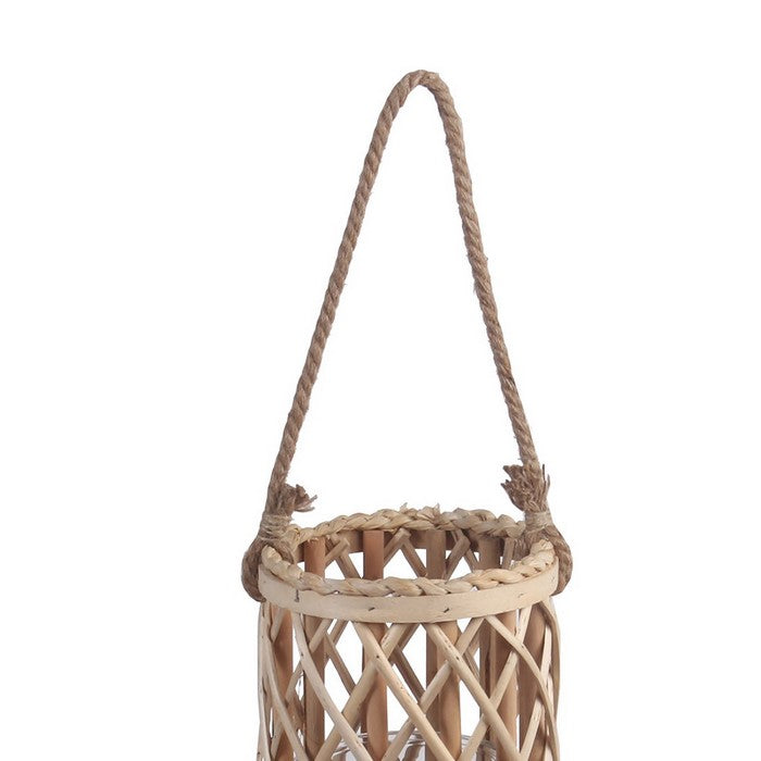 Cylindrical Bamboo Lantern with Lattice Design and Rope Handle, Small,Brown