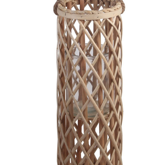 Cylindrical Bamboo Lantern with Lattice Design and Rope Handle, Small,Brown