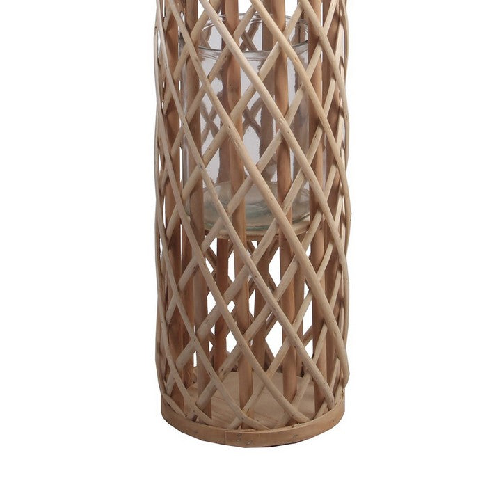 Cylindrical Bamboo Lantern with Lattice Design and Rope Handle, Small,Brown