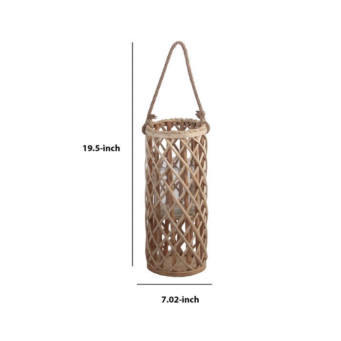 Cylindrical Bamboo Lantern with Lattice Design and Rope Handle, Small,Brown