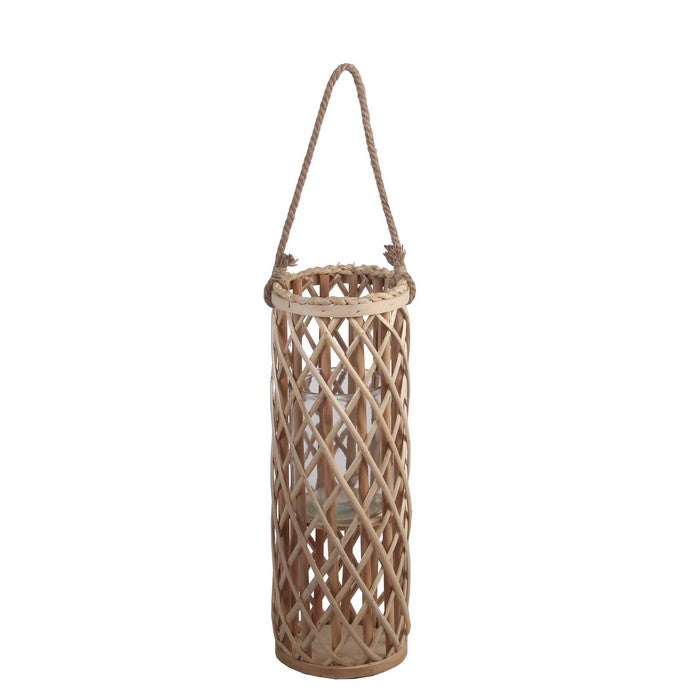 Cylindrical Bamboo Lantern with Lattice Design and Rope Handle, Small,Brown