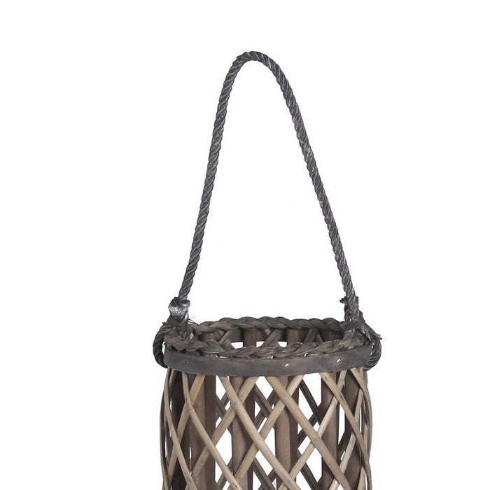 Cylindrical Bamboo Lantern with Lattice Design and Rope Handle, Small, Gray