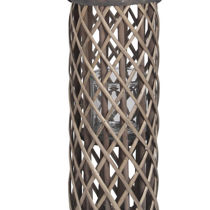 Cylindrical Bamboo Lantern with Lattice Design and Rope Handle, Small, Gray