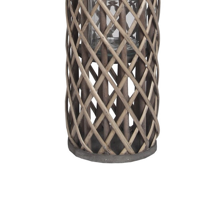 Cylindrical Bamboo Lantern with Lattice Design and Rope Handle, Small, Gray