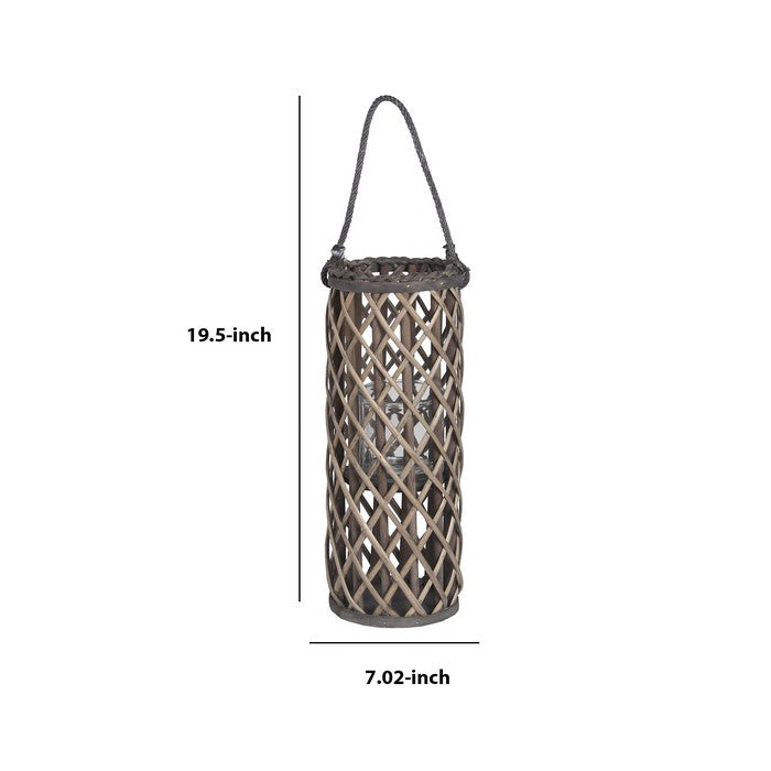 Cylindrical Bamboo Lantern with Lattice Design and Rope Handle, Small, Gray