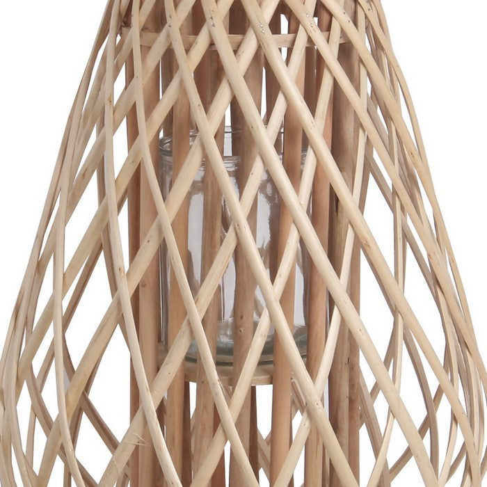 Bellied Bamboo Lantern with Lattice Design and Handle, Large, Brown