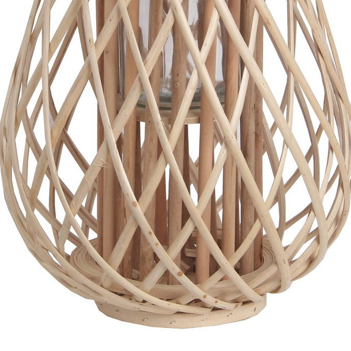 Bellied Bamboo Lantern with Lattice Design and Handle, Large, Brown
