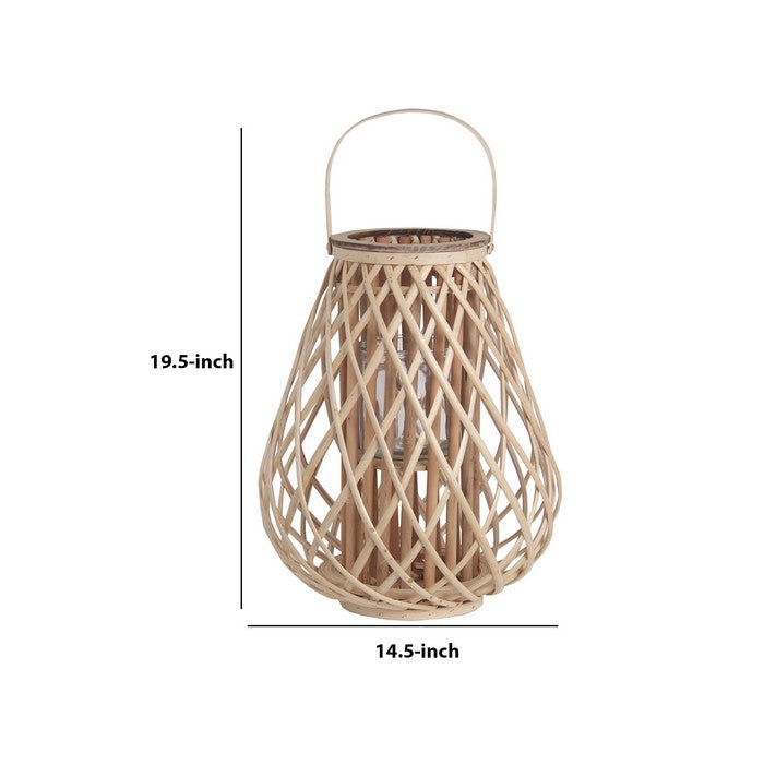 Bellied Bamboo Lantern with Lattice Design and Handle, Large, Brown