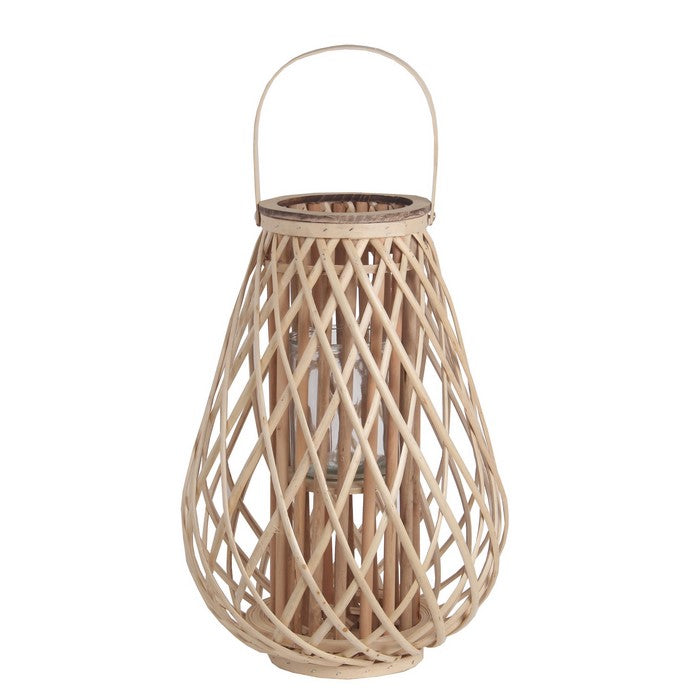 Bellied Bamboo Lantern with Lattice Design and Handle, Large, Brown
