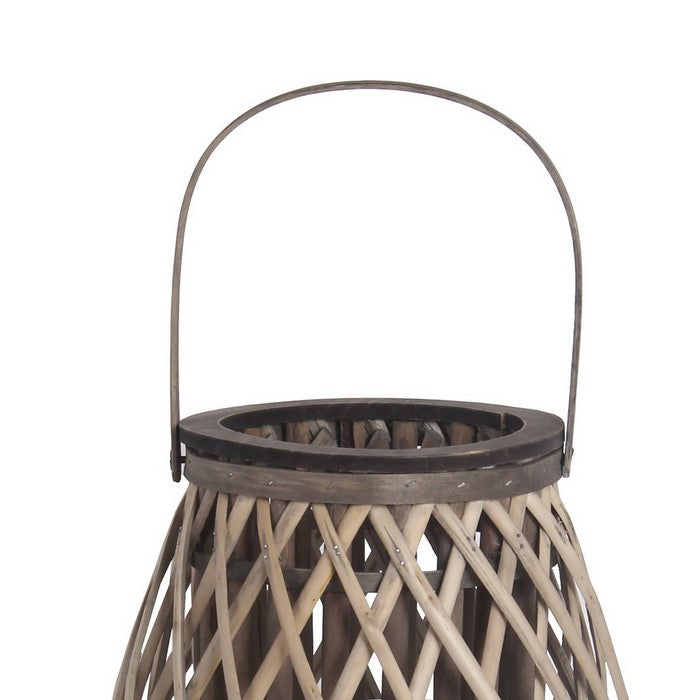 Bellied Bamboo Lantern with Lattice Design and Handle, Large, Gray