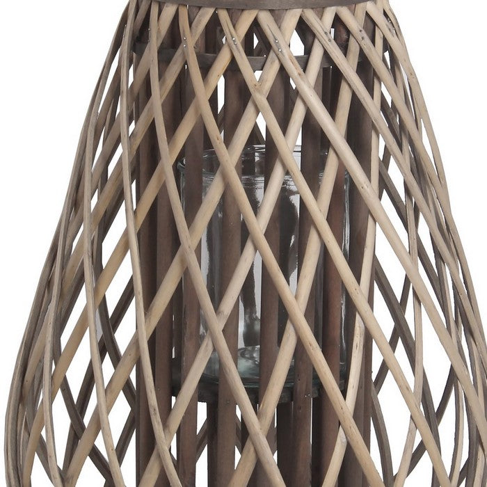 Bellied Bamboo Lantern with Lattice Design and Handle, Large, Gray