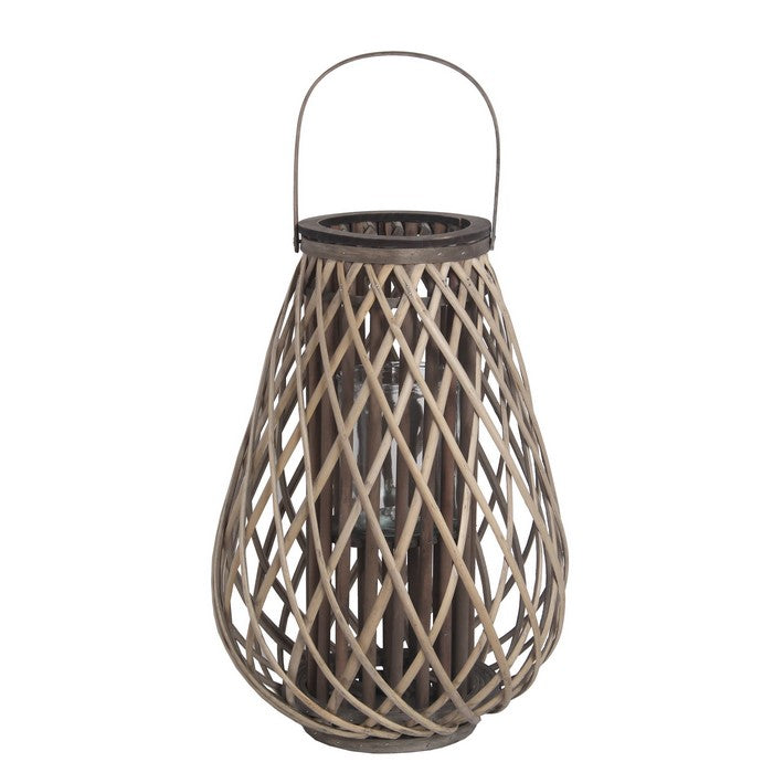 Bellied Bamboo Lantern with Lattice Design and Handle, Large, Gray