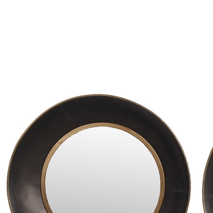 Metal Round Frame Wall Mirror with Gold Trim, Set of 2, Black and Silver