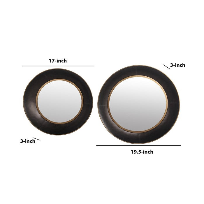 Metal Round Frame Wall Mirror with Gold Trim, Set of 2, Black and Silver