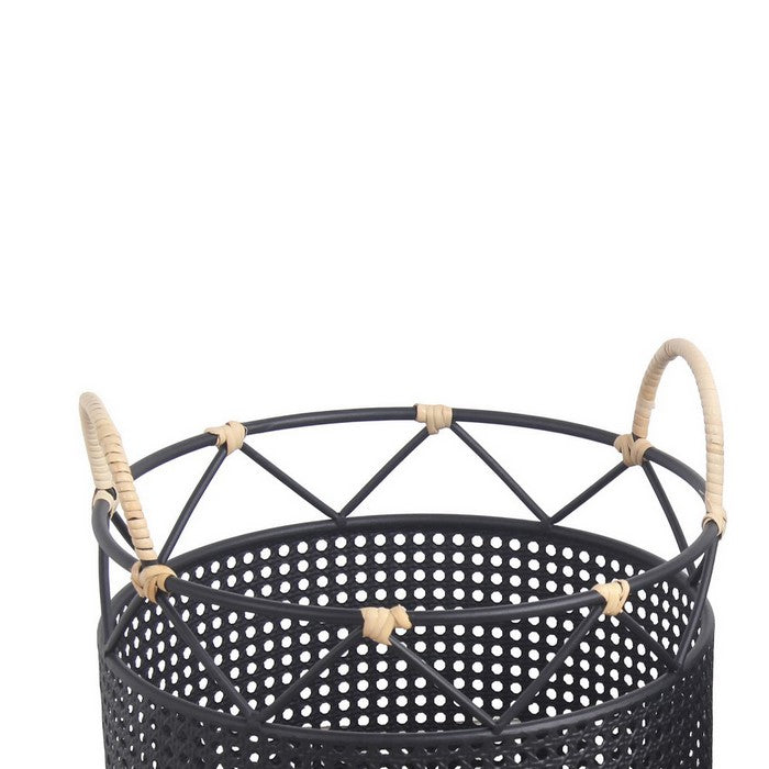 Lattice Design Round Metal Planter with Curved Handles, Set of 2, Black