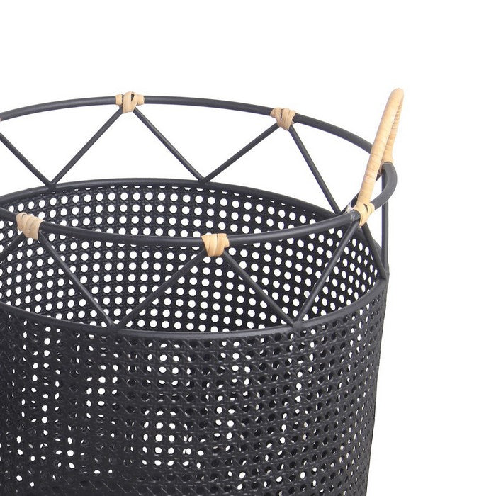 Lattice Design Round Metal Planter with Curved Handles, Set of 2, Black