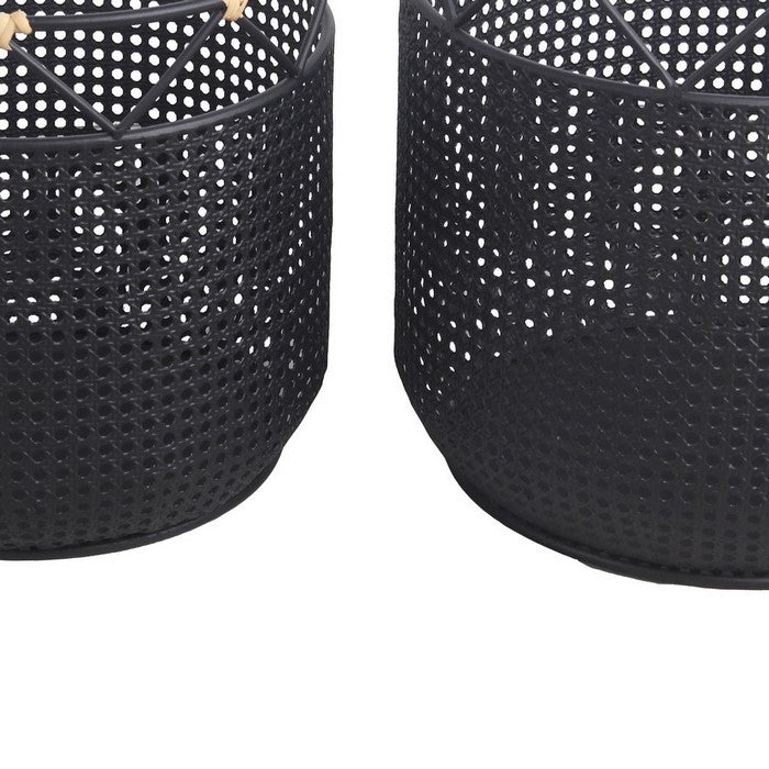 Lattice Design Round Metal Planter with Curved Handles, Set of 2, Black