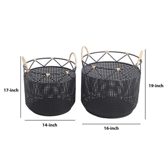 Lattice Design Round Metal Planter with Curved Handles, Set of 2, Black