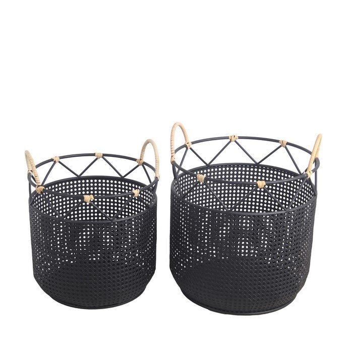 Lattice Design Round Metal Planter with Curved Handles, Set of 2, Black