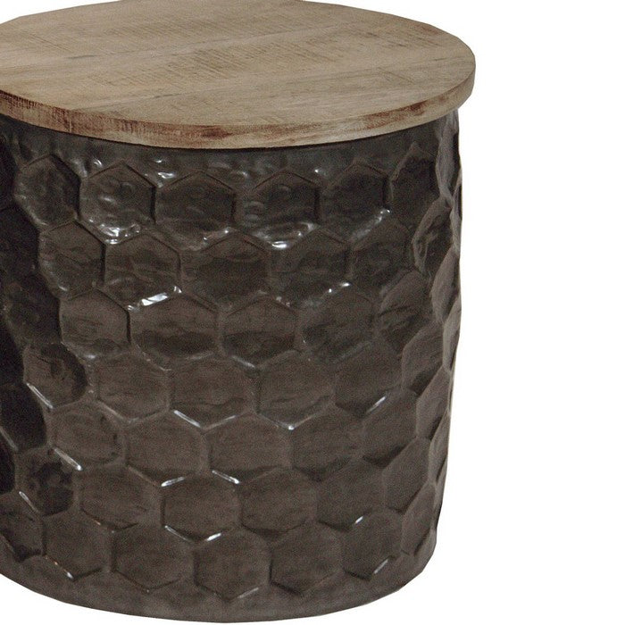 Round Wooden Accent Table with Honeycomb Drum Metal Base, Set of 2, Brown