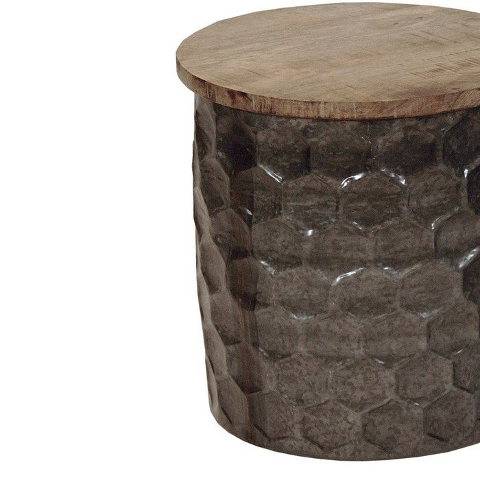 Round Wooden Accent Table with Honeycomb Drum Metal Base, Set of 2, Brown