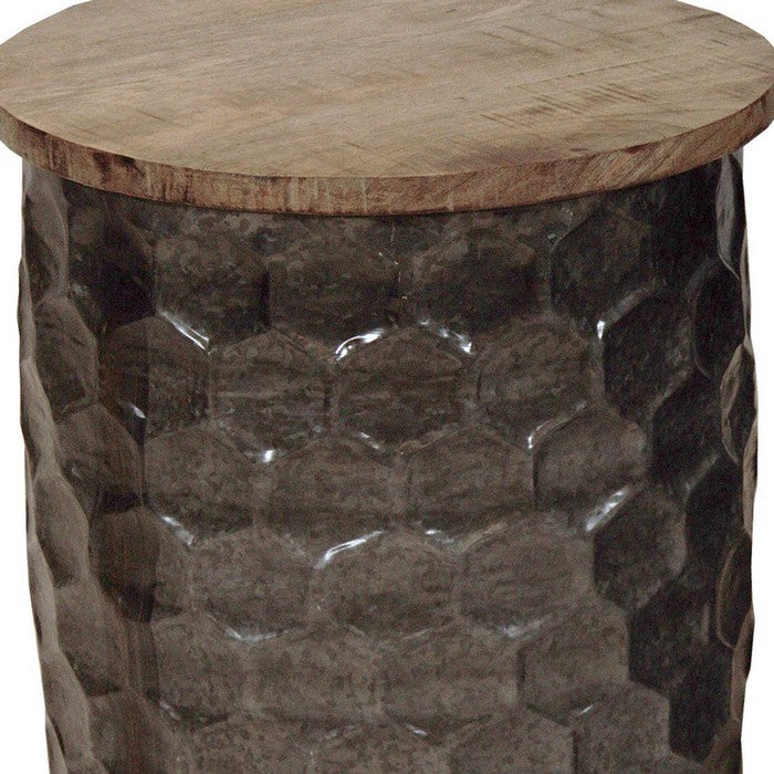 Round Wooden Accent Table with Honeycomb Drum Metal Base, Set of 2, Brown