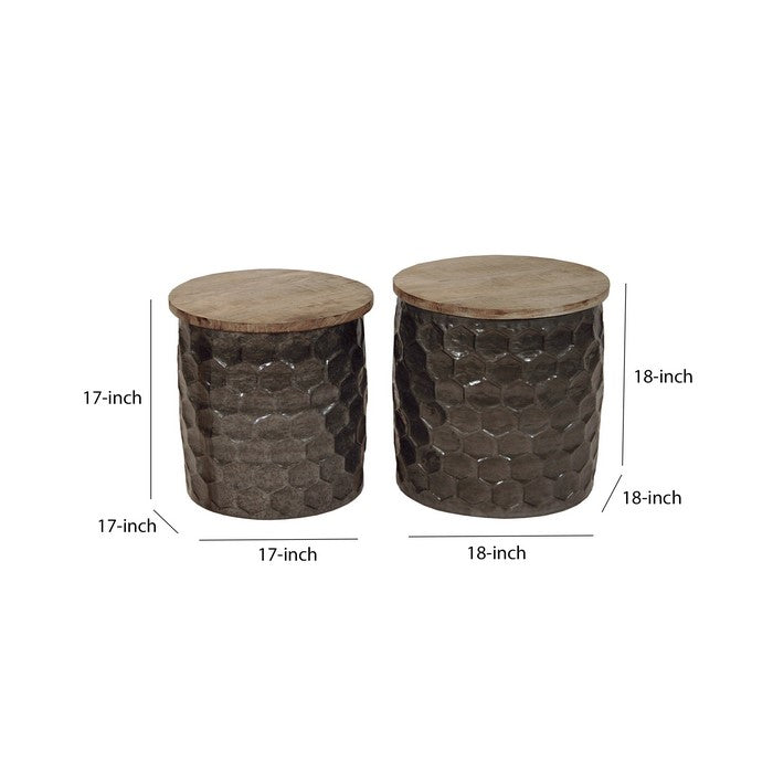 Round Wooden Accent Table with Honeycomb Drum Metal Base, Set of 2, Brown