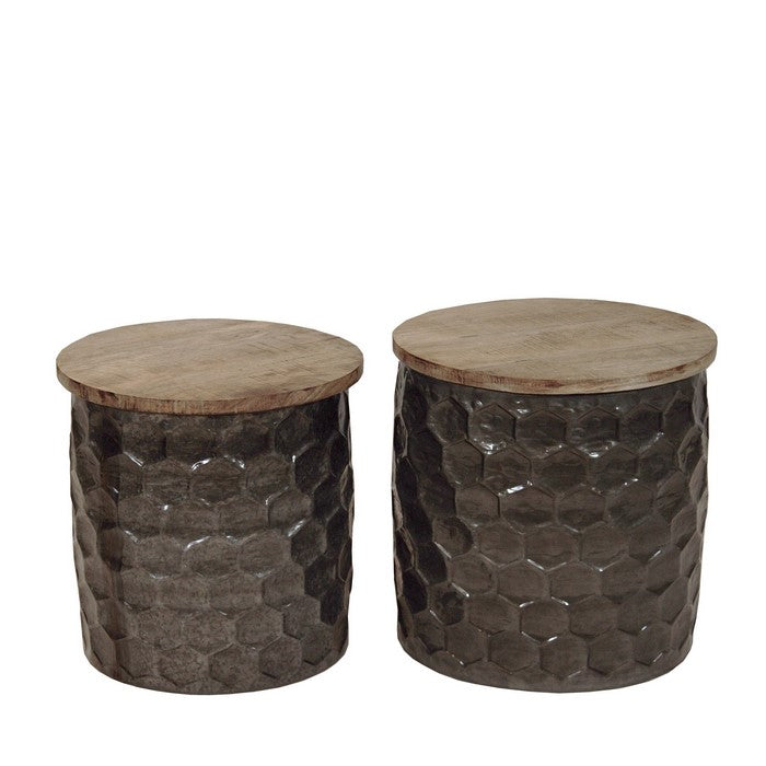 Round Wooden Accent Table with Honeycomb Drum Metal Base, Set of 2, Brown