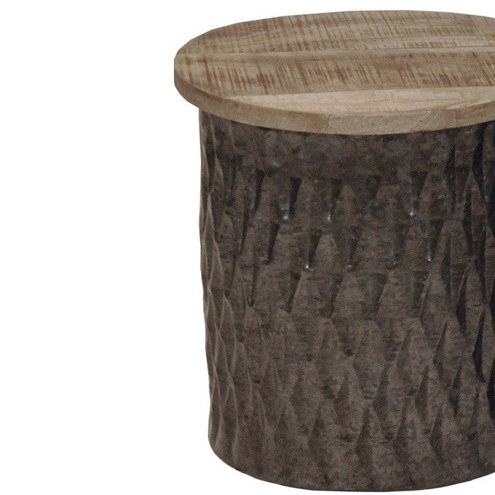Round Wooden Accent Table with Rhombus Drum Metal Base, Set of 2, Brown