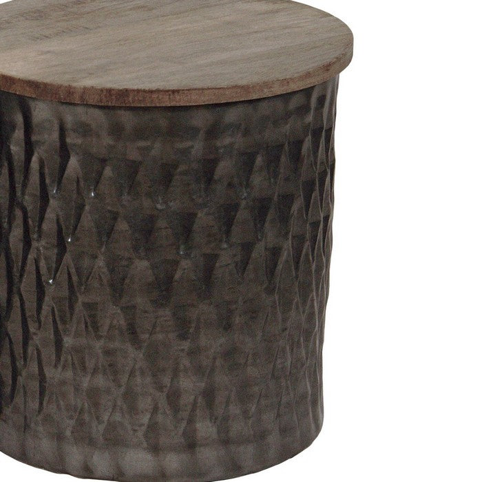 Round Wooden Accent Table with Rhombus Drum Metal Base, Set of 2, Brown