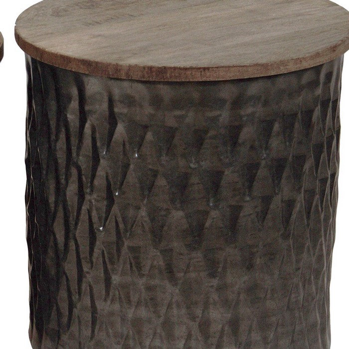 Round Wooden Accent Table with Rhombus Drum Metal Base, Set of 2, Brown