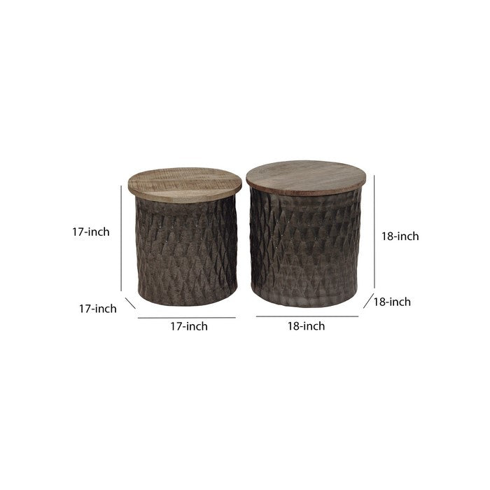 Round Wooden Accent Table with Rhombus Drum Metal Base, Set of 2, Brown
