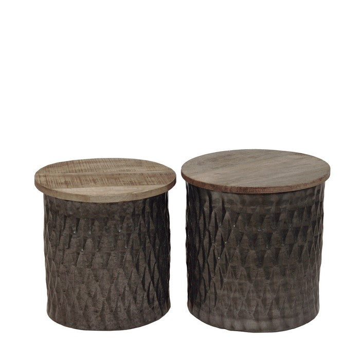 Round Wooden Accent Table with Rhombus Drum Metal Base, Set of 2, Brown