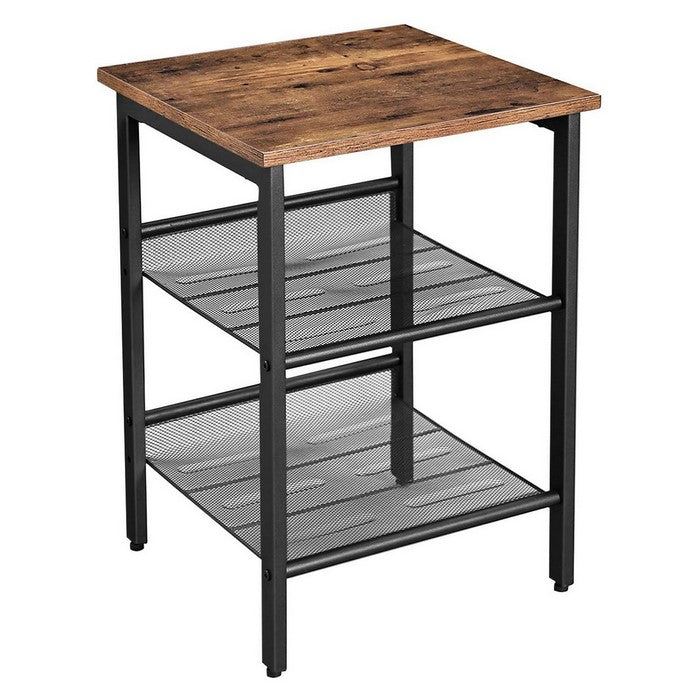 Wood and Metal Frame Nightstand with 2 Open Mesh Shelves, Brown and Black