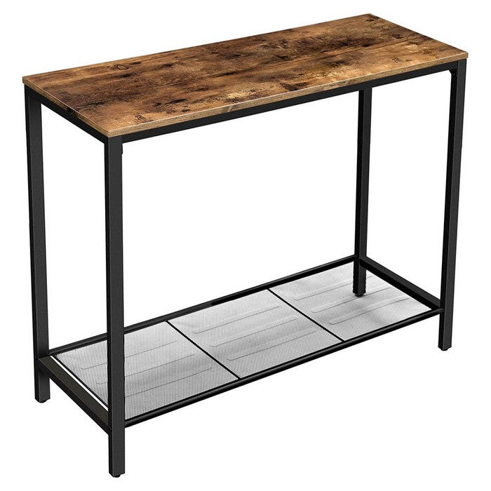 Mesh Shelf Wood Top Metal Frame Console Table, Brown and Black
