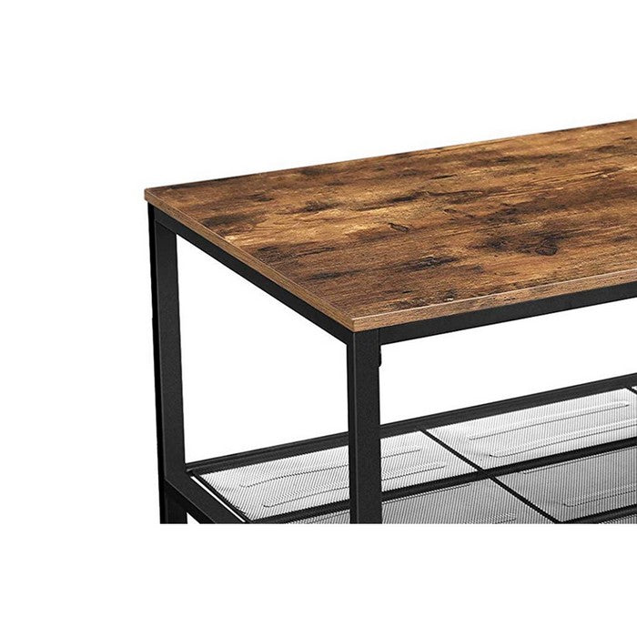 Wood Top Metal Frame Coffee Table with Open Shelf, Brown and Black