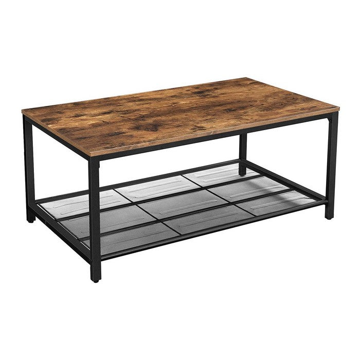 Wood Top Metal Frame Coffee Table with Open Shelf, Brown and Black