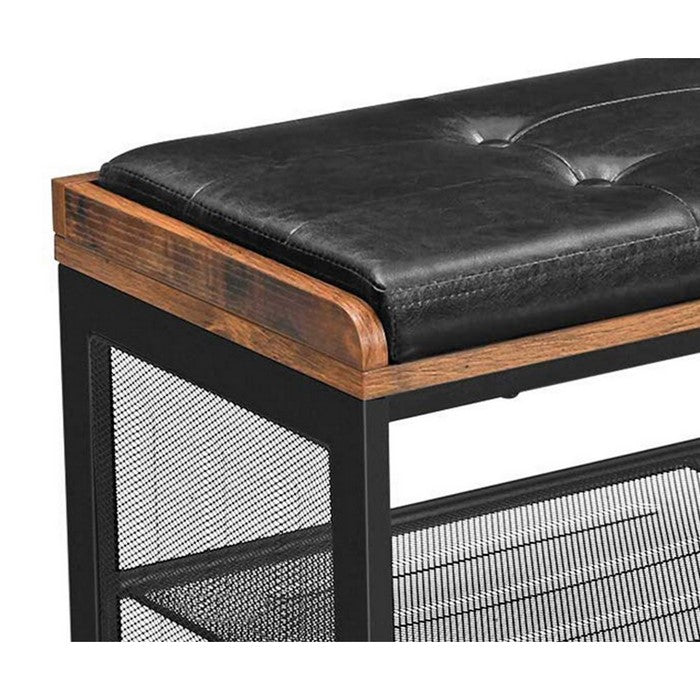 Button Tufted Leatherette Shoe Bench with 2 Mesh Shelves, Brown and Black