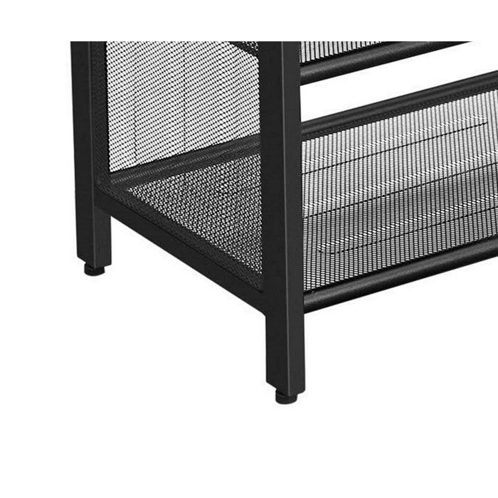 Button Tufted Leatherette Shoe Bench with 2 Mesh Shelves, Brown and Black