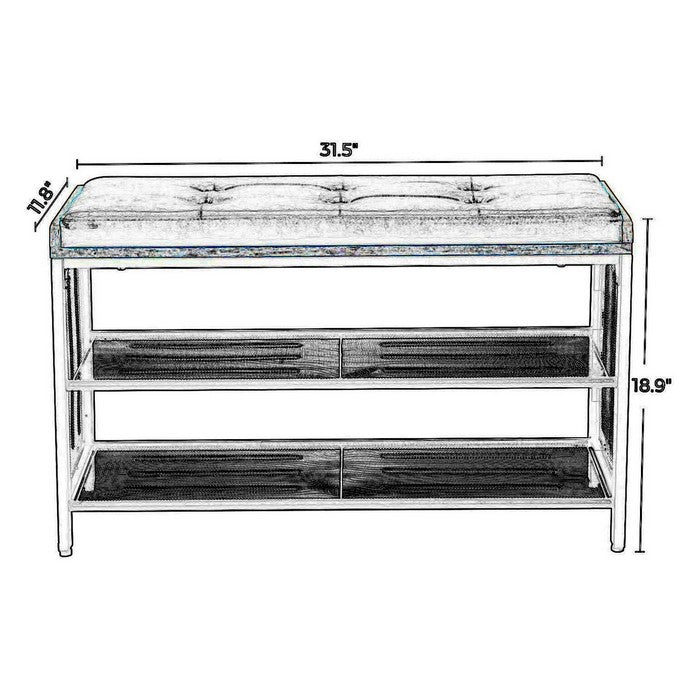 Button Tufted Leatherette Shoe Bench with 2 Mesh Shelves, Brown and Black