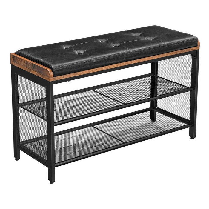 Button Tufted Leatherette Shoe Bench with 2 Mesh Shelves, Brown and Black