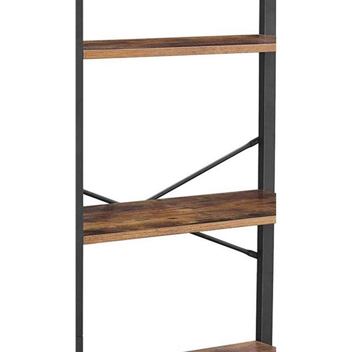 4 Tier Wood and Metal Bookcase with Criss Cross Back, Rustic Brown and Black