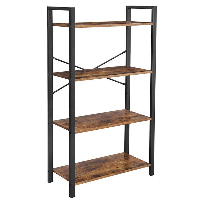 4 Tier Wood and Metal Bookcase with Criss Cross Back, Rustic Brown and Black