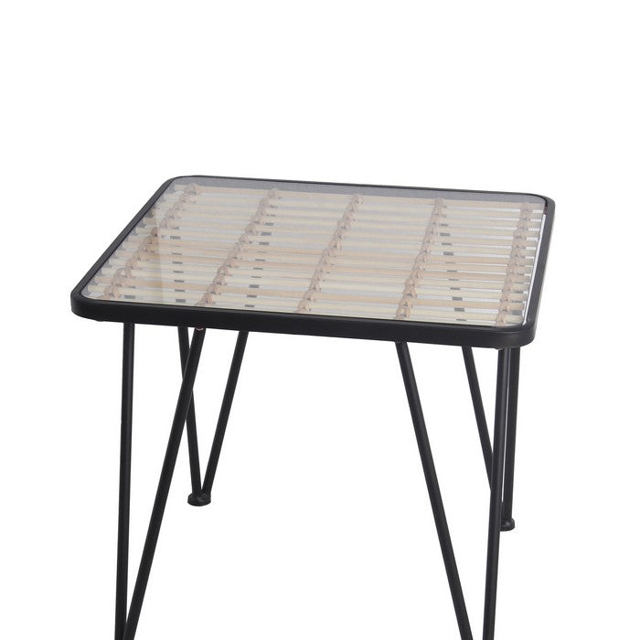 Metal and Glass Accent Table with Slatted Bamboo Top,Small, Black and Clear