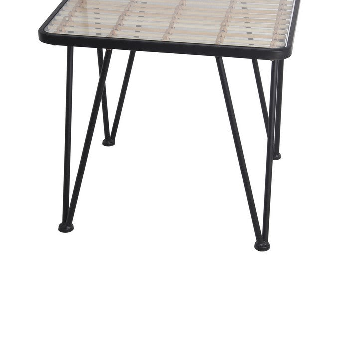 Metal and Glass Accent Table with Slatted Bamboo Top,Small, Black and Clear