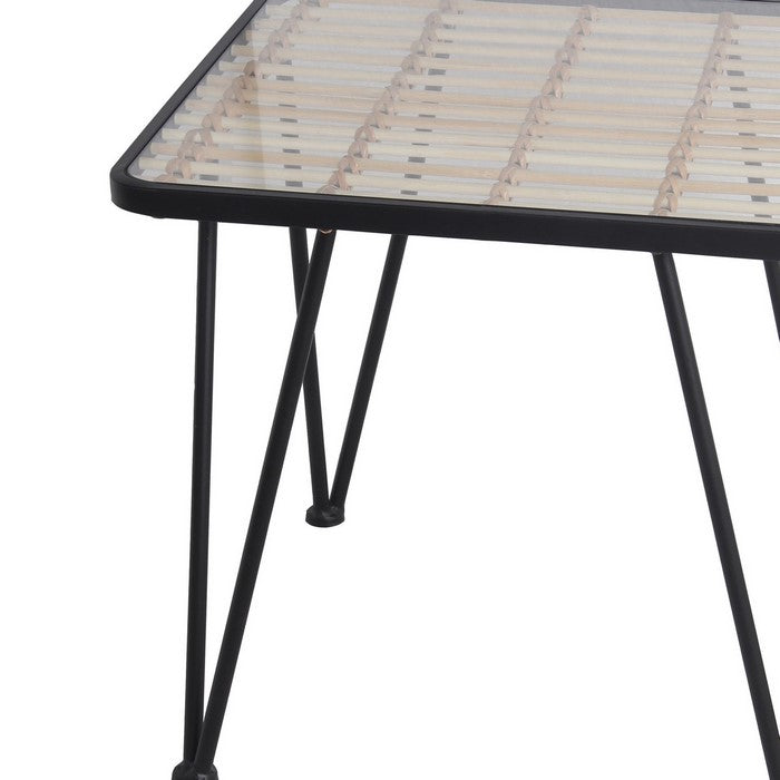 Metal and Glass Accent Table with Slatted Bamboo Top,Small, Black and Clear