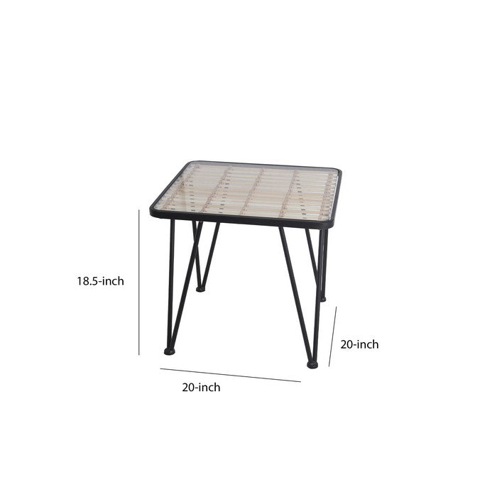 Metal and Glass Accent Table with Slatted Bamboo Top,Small, Black and Clear